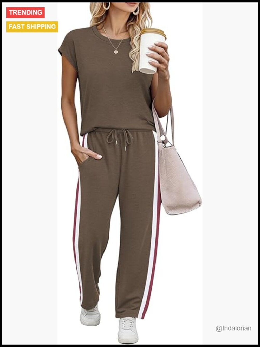 Polyester Blend 2 Piece Lounge Set Cap Sleeve Top Wide Leg Pants